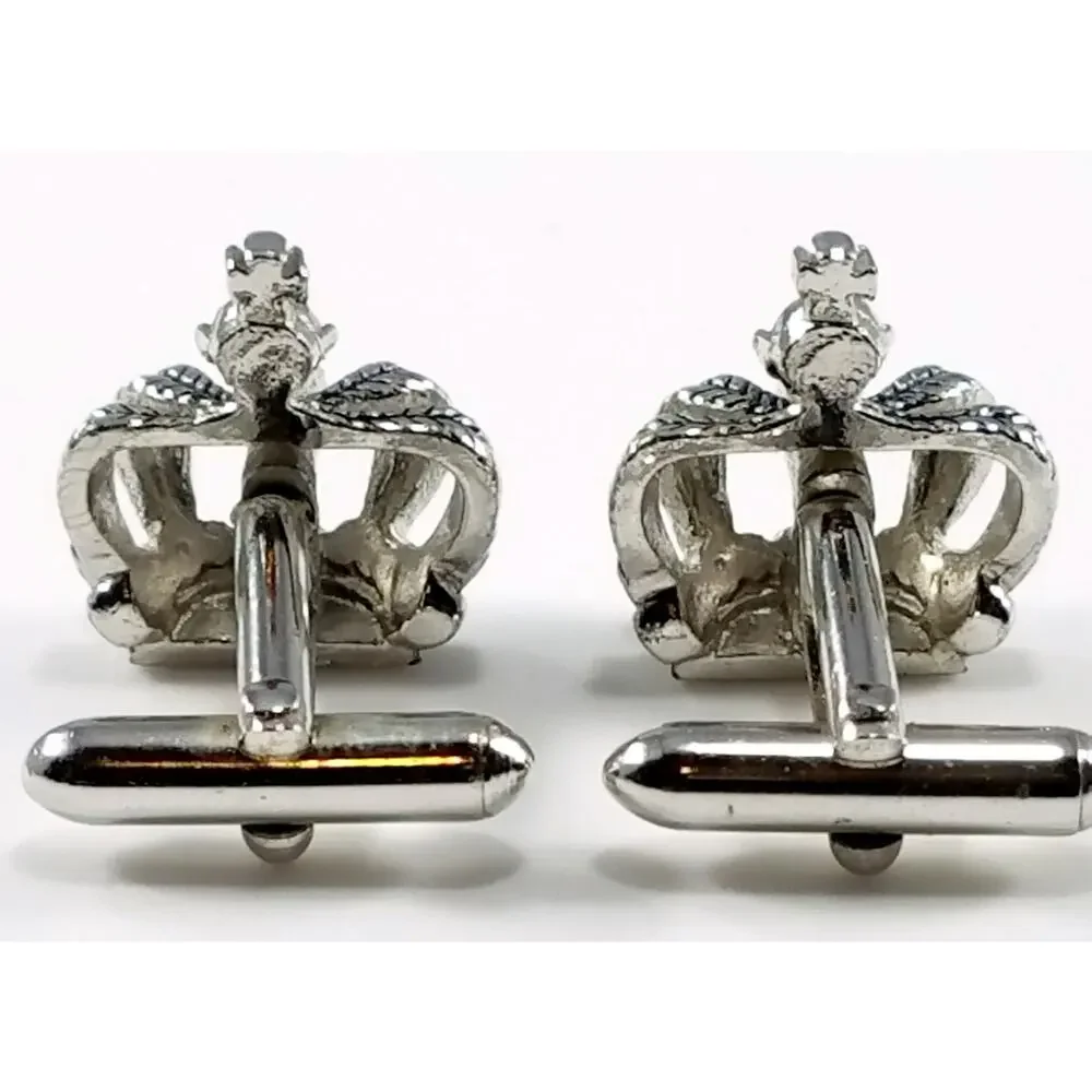 Vintage Crown Cuff Links, Silver Tone with Clear Rhinestones, Sparkling Gift